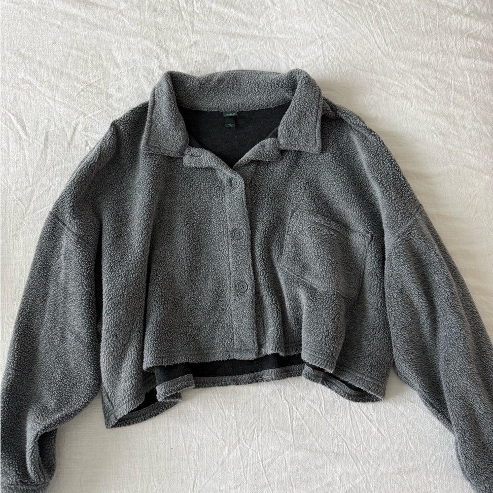 wild fable Charcoal Gray Cropped Sherpa Button-Up Top